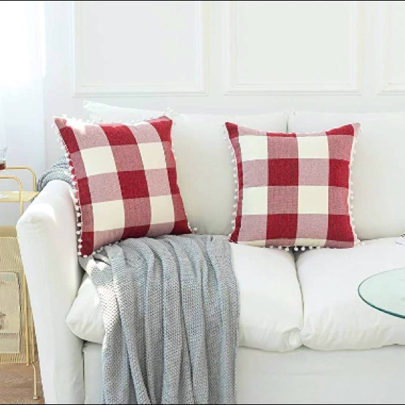 Classic Red/White Gingham Pompom Farmhouse Preppy Chic Cute Throw Pillow Covers - Picture 2 of 9